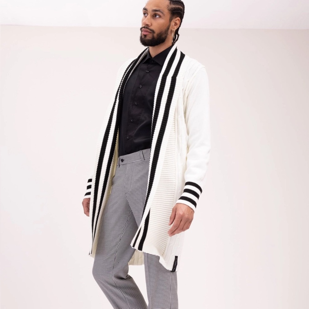 Ron Tomson Striped Longline Cable Knit Cardigan Sweater